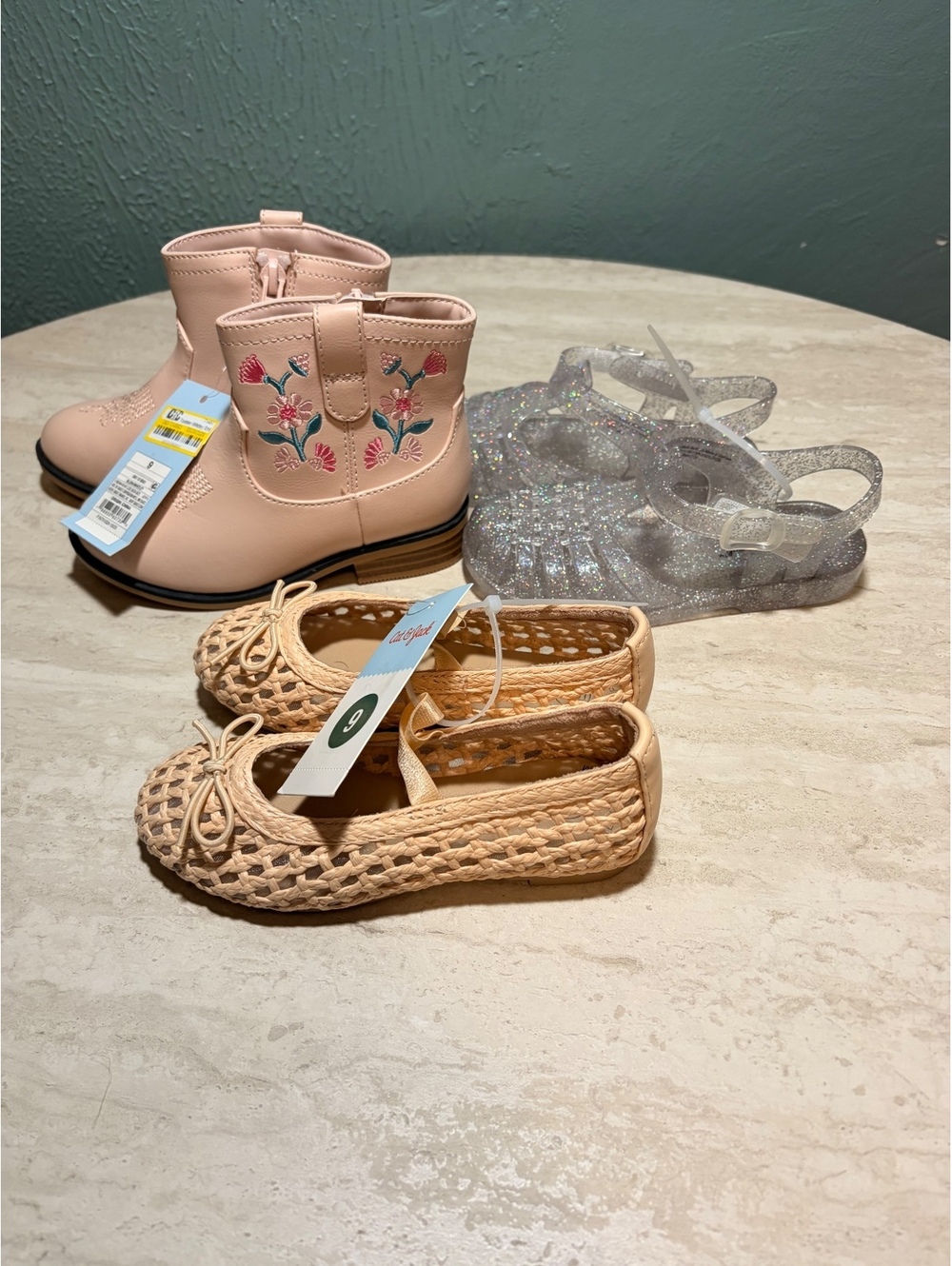 Cat & Jack Girls' Shoes Bundle - Pink Embroidered Boots, Beige Woven Flats, and